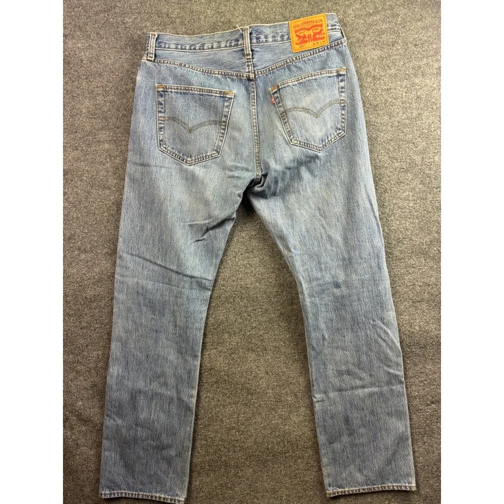 Levi's 501 Jeans Mens 36x34 Blue Light Wash Distressed Straight Leg Button Fly